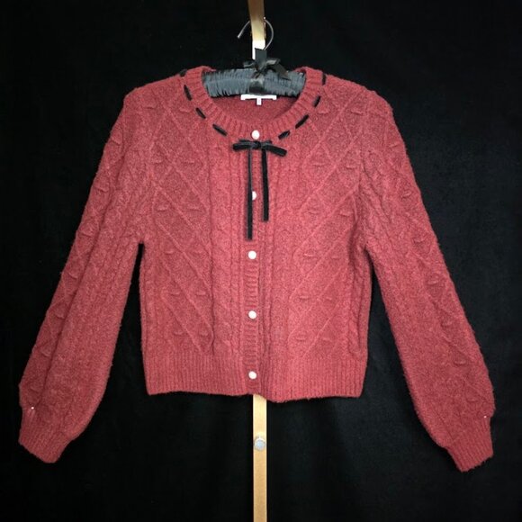 WAYF Ribbon Trim Cable Knit Cardigan in Burgundy M - Picture 1 of 9